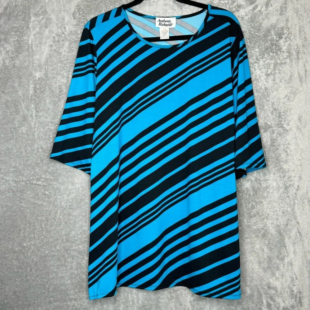 Anthony Richards 1X Shirt Top Blue Black Striped Short Sleeve Scoop Neck Stretch